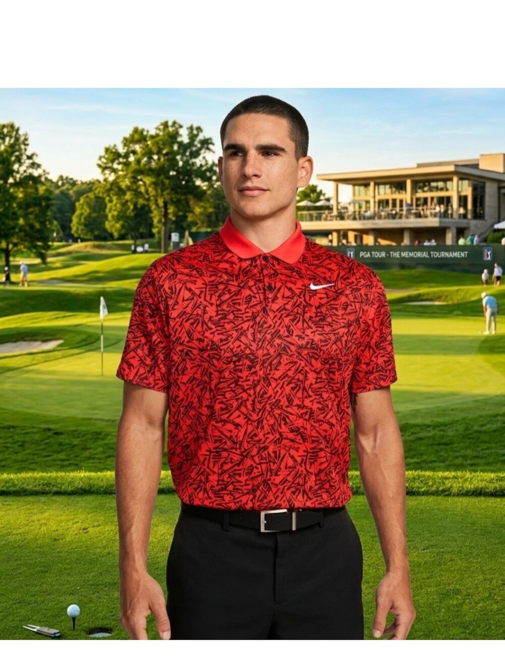 Nike Polo Shirt Ember Glow Red DriFit Victory Golf Tee All Over Print